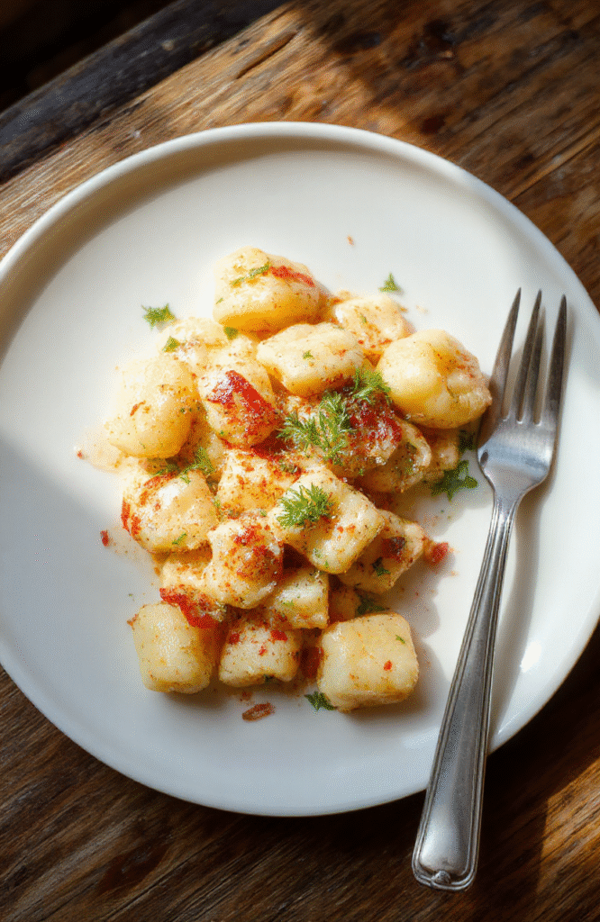 Knusprige Gnocchi mit frischen Salatzutaten auf einem weißen Teller, farbenfrohe Gemüse und knusprige Gnocchi, appetitlich angerichtet mit frischen Kräutern