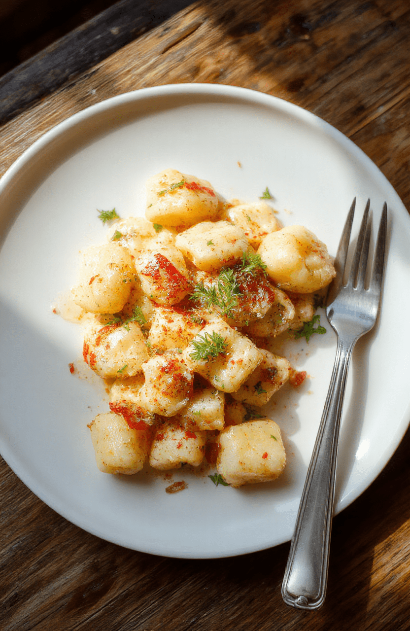 Knusprige Gnocchi mit frischen Salatzutaten auf einem weißen Teller, farbenfrohe Gemüse und knusprige Gnocchi, appetitlich angerichtet mit frischen Kräutern