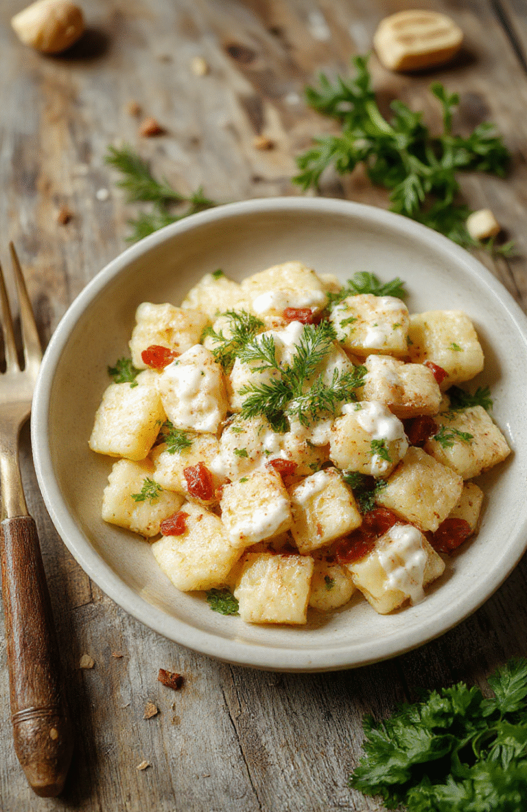 Knusprige Gnocchi auf einem Bett aus frischem Salat, garniert mit cremigem Joghurt-Dressing, leuchtende Farben, salzige und cremige Texturen, lecker präsentiert
