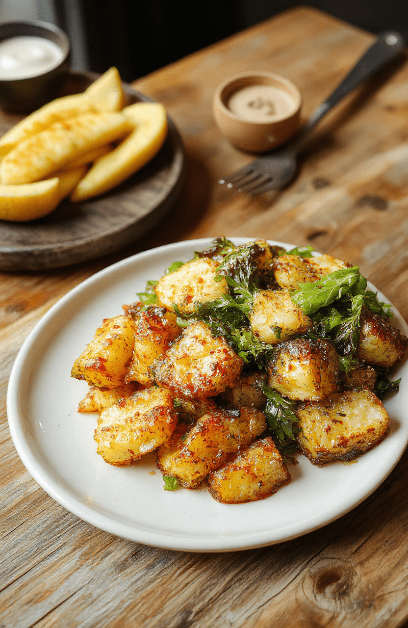 Knuspriger, goldbrauner Airfryer Blumenkohl auf hellem Holztisch, dampfende Röschen, knusprige Kruste, frische Kräuter als Dekoration, appetitliches Erscheinungsbild