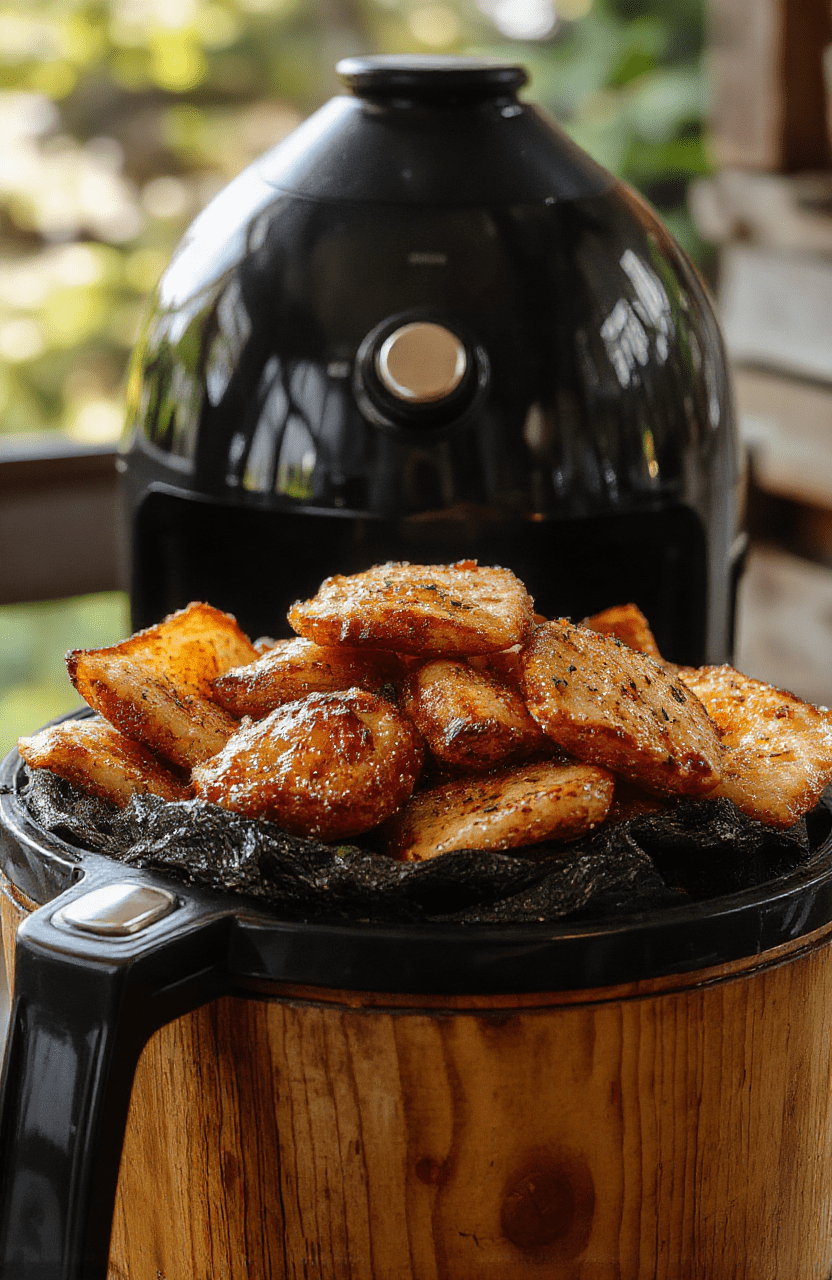 Goldbraunes, knuspriges Airfryer-Hähnchen mit einer aromatischen Parmesan-Kruste, serviert auf einem hellen Holzteller, sichtbar mit zartem Fleisch und knuspriger Oberfläche