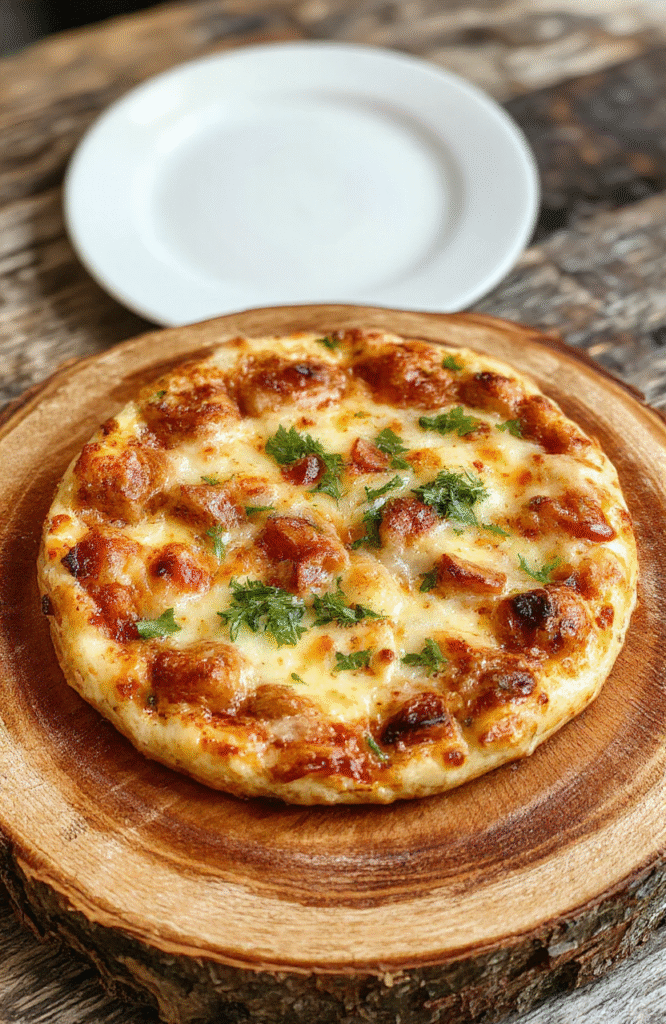 Knuspriges Pizzabrot mit goldener Kruste, saftigem Käse und frischen Kräutern, elegant angerichtet auf einem Holzbrett