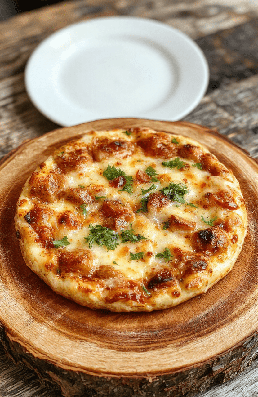 Knuspriges Pizzabrot mit goldener Kruste, saftigem Käse und frischen Kräutern, elegant angerichtet auf einem Holzbrett