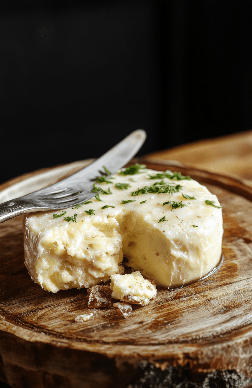 Goldbraune Camembert-Häppchen auf Blätterteig, mit geschmolzenem Käse, serviert auf einem rustikalen Holzbrett, appetitlich und einladend