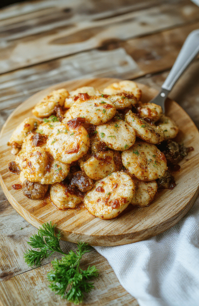 Grüne Hähnchenbruststücke mit cremiger Pilzsoße auf einem hellen Holzbrett, begleitet von frischen Kräutern, cremige Textur, appetitlich angerichtet