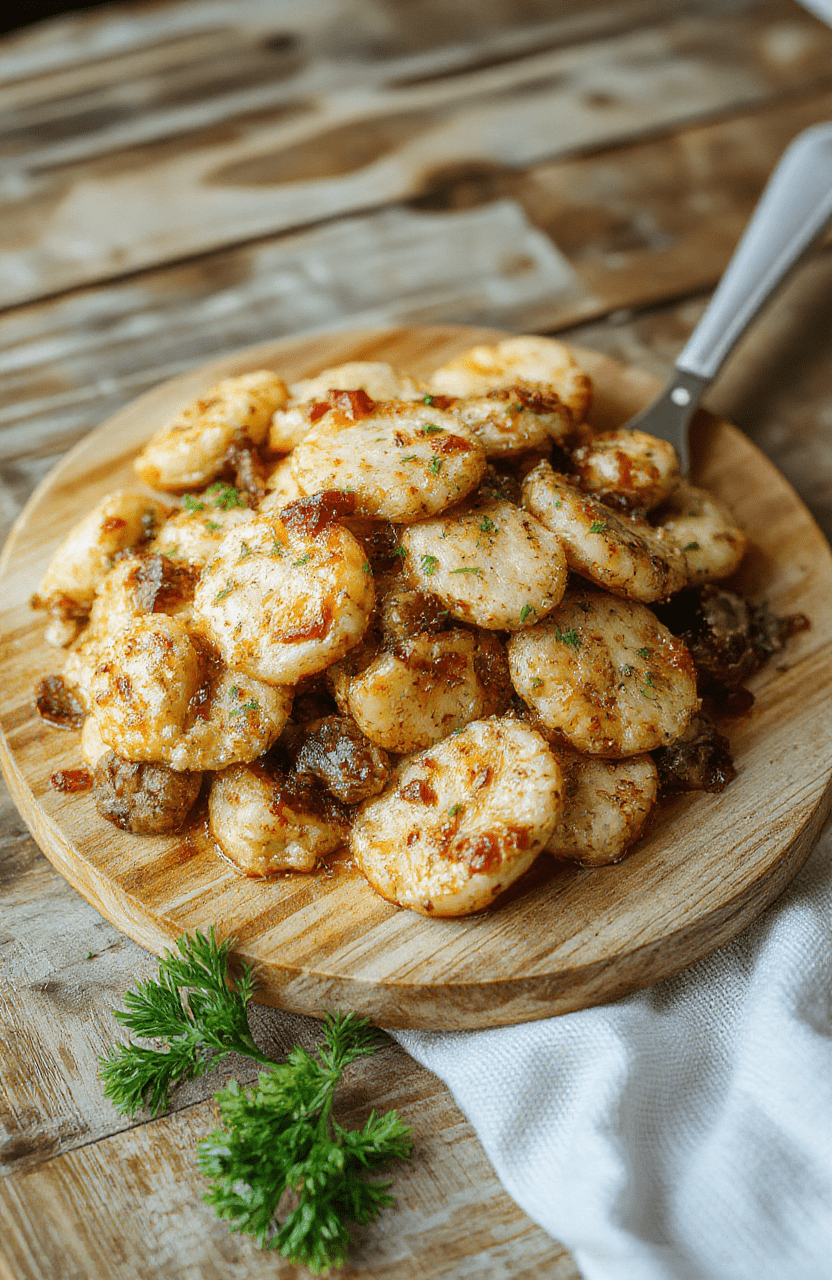 Grüne Hähnchenbruststücke mit cremiger Pilzsoße auf einem hellen Holzbrett, begleitet von frischen Kräutern, cremige Textur, appetitlich angerichtet