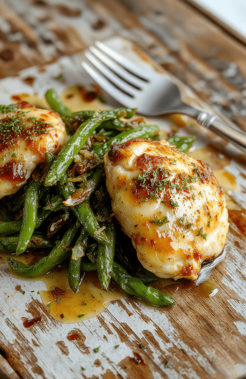 A vibrant plate featuring golden-brown chicken thighs glazed with lemon garlic butter sauce, garnished with fresh green beans, served on a rustic wooden surface with lemon slices and herbs, showcasing textures of crispy skin and tender vegetables, styled in a casual yet appetizing manner.