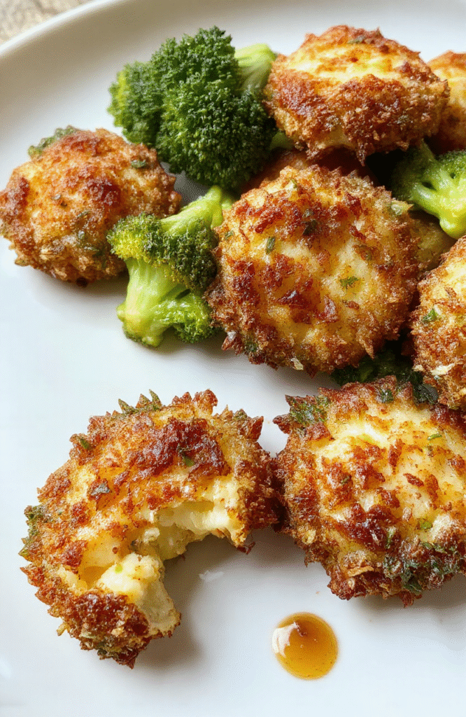 Golden-brown crispy broccoli cheese rounds arranged on a white plate, showcasing their crunchy exterior and cheesy interior. Fresh green broccoli florets peek through the melted cheese, garnished with a sprinkle of herbs. The vibrant colors contrast beautifully, creating an appetizing and inviting presentation perfect for a healthy snack.