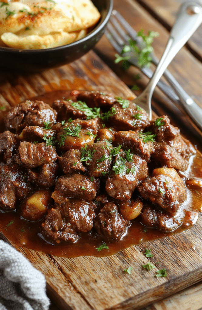 A rich, glossy beef bourguignon served in a rustic bowl, garnished with fresh herbs. The dish features tender beef chunks, caramelized onions, and little pearl onions, with a deep red wine sauce. The presentation is cozy and inviting, with a backdrop of a warm wooden table and soft natural lighting enhancing the textures and colors of the hearty stew.