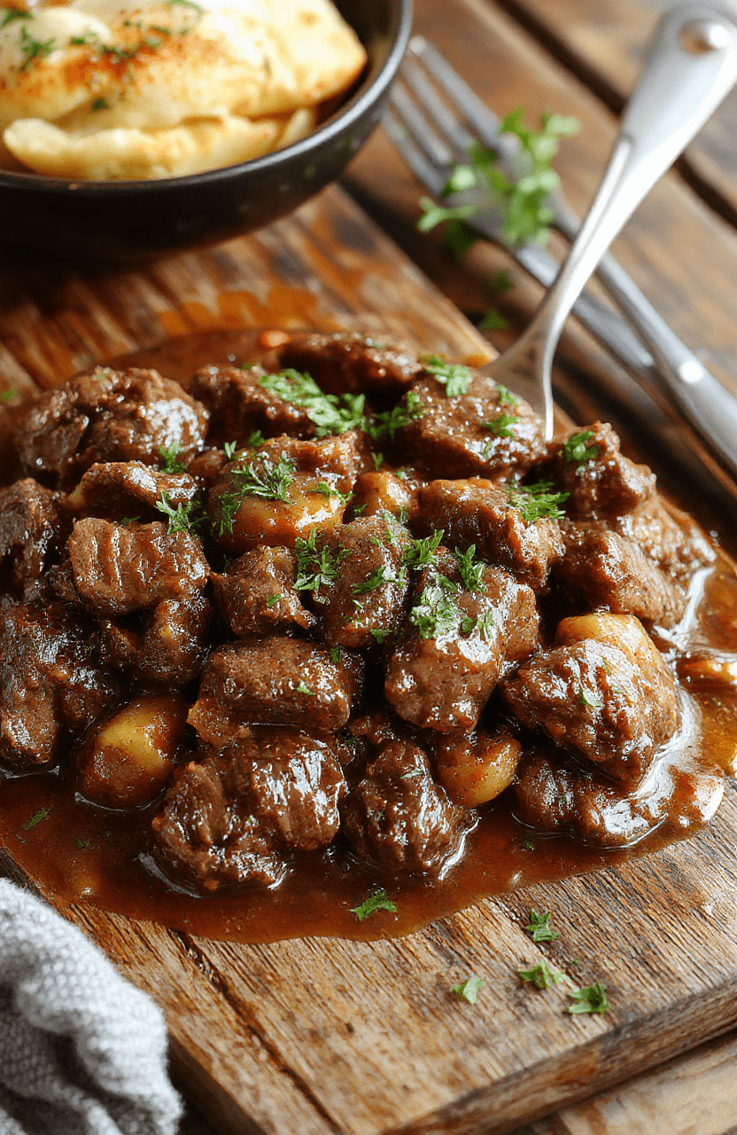 A rich, glossy beef bourguignon served in a rustic bowl, garnished with fresh herbs. The dish features tender beef chunks, caramelized onions, and little pearl onions, with a deep red wine sauce. The presentation is cozy and inviting, with a backdrop of a warm wooden table and soft natural lighting enhancing the textures and colors of the hearty stew.
