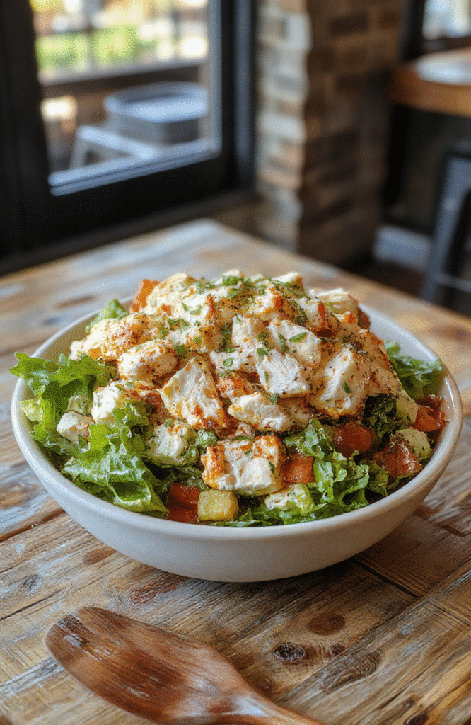 A vibrant bowl of millionaire chicken salad featuring shredded chicken, colorful chopped vegetables, and creamy dressing, garnished with fresh herbs on a rustic wooden table.