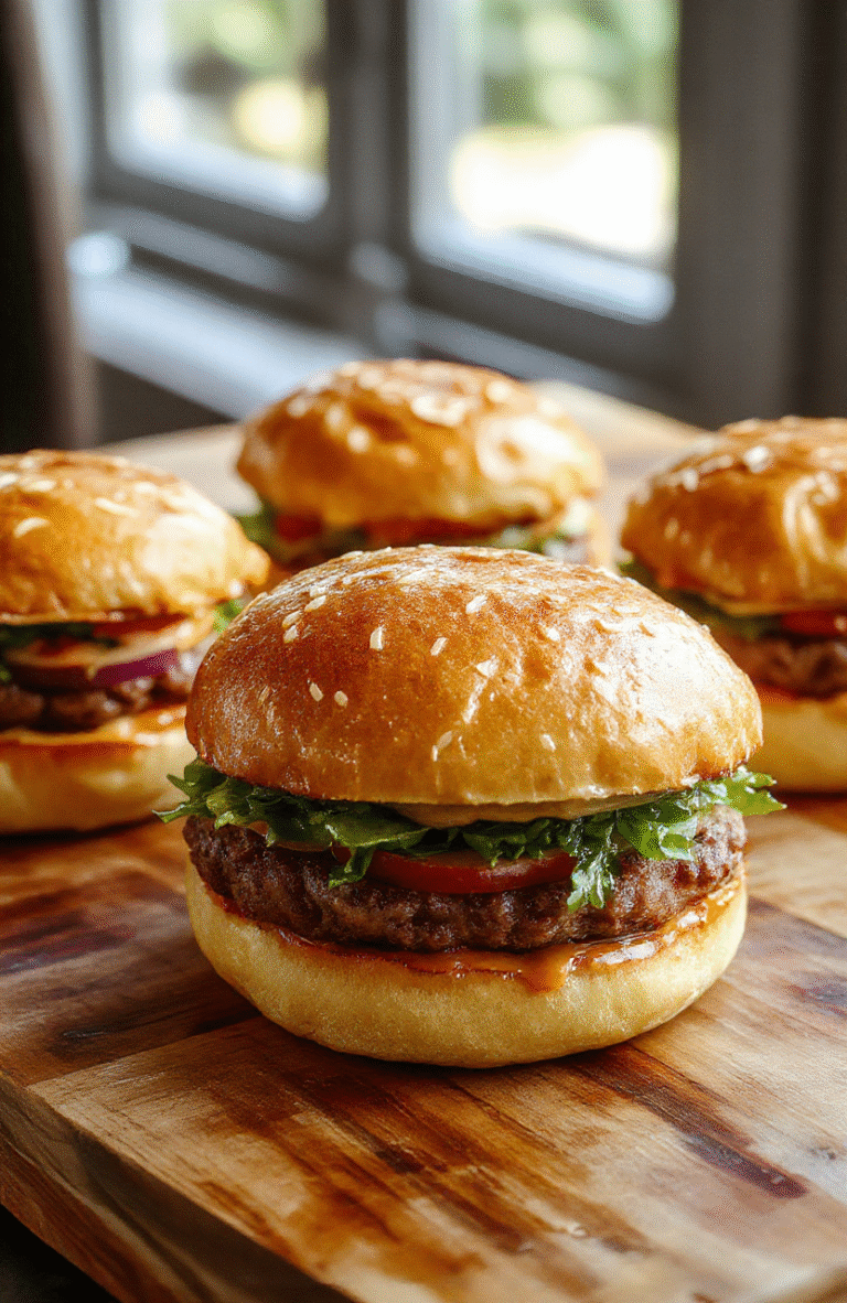 Anspruchsvolle Mini Burger auf kleinen Brötchen mit saftigem Fleisch, Salat, Tomate und Käse, stilvoll angerichtet auf einem Holzteller, frisch und appetitlich.