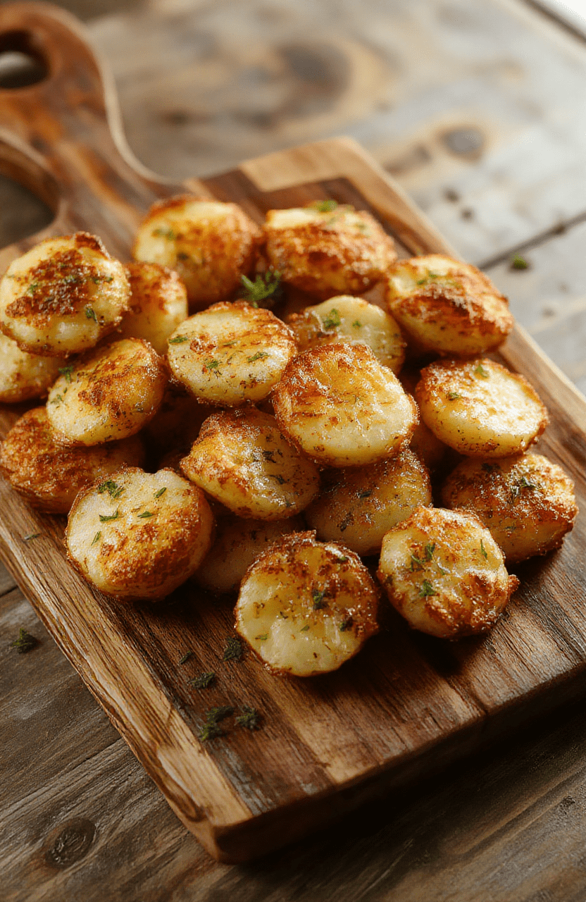 A plate of golden mini potato bites arranged neatly on a rustic wooden serving platter, garnished with fresh herbs. The bites are crispy, round, and golden brown with a soft interior, set against a neutral background with a hint of fresh parsley for contrast.