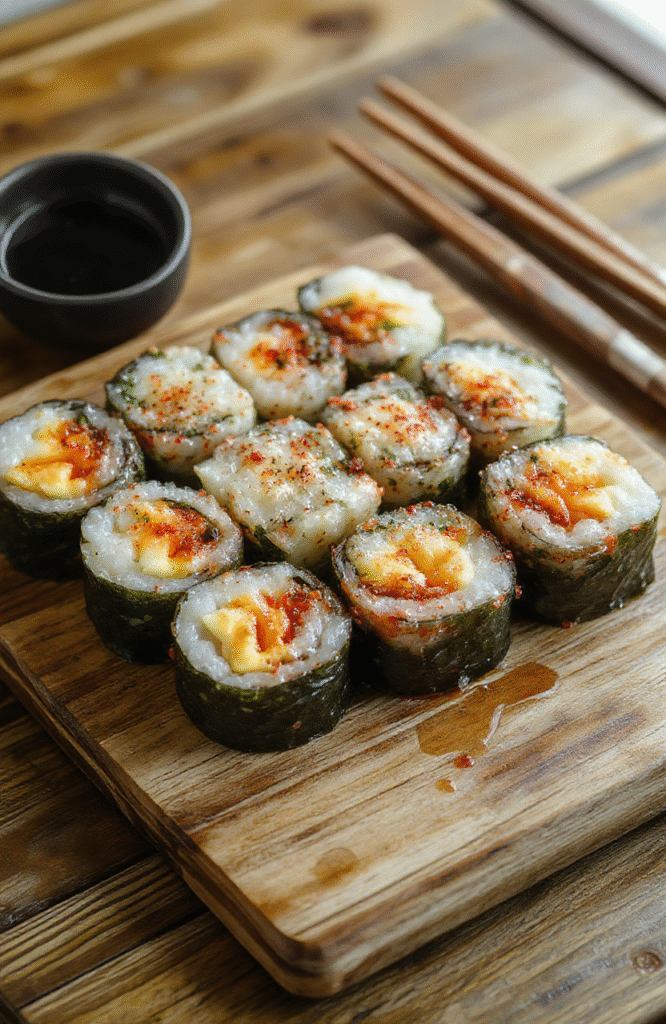 Bunte Sushi-Rollen auf einem Holztablett, mit frischem Lachs, Gurke, Avocado und Sushireis, elegant drapiert, mit Wasabi und Sojasauce im Hintergrund.