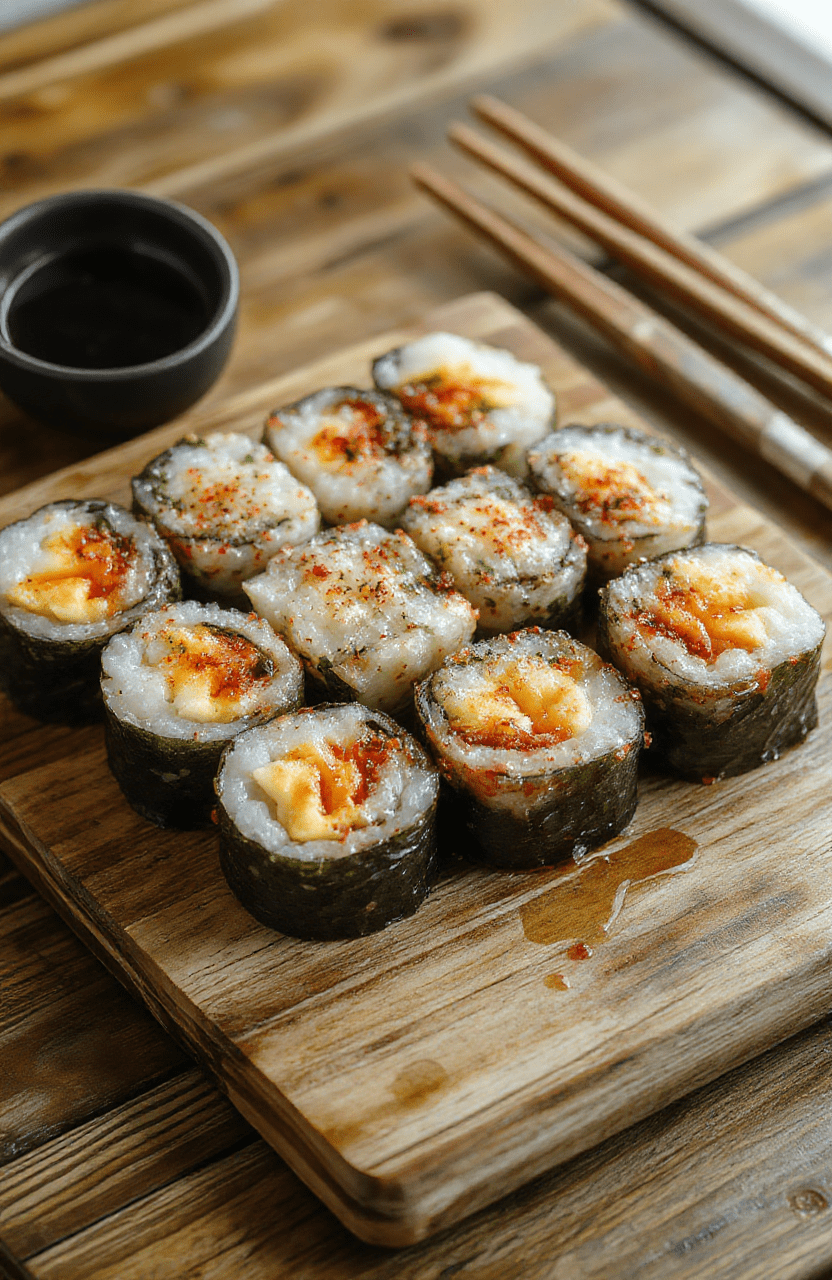 Bunte Sushi-Rollen auf einem Holztablett, mit frischem Lachs, Gurke, Avocado und Sushireis, elegant drapiert, mit Wasabi und Sojasauce im Hintergrund.