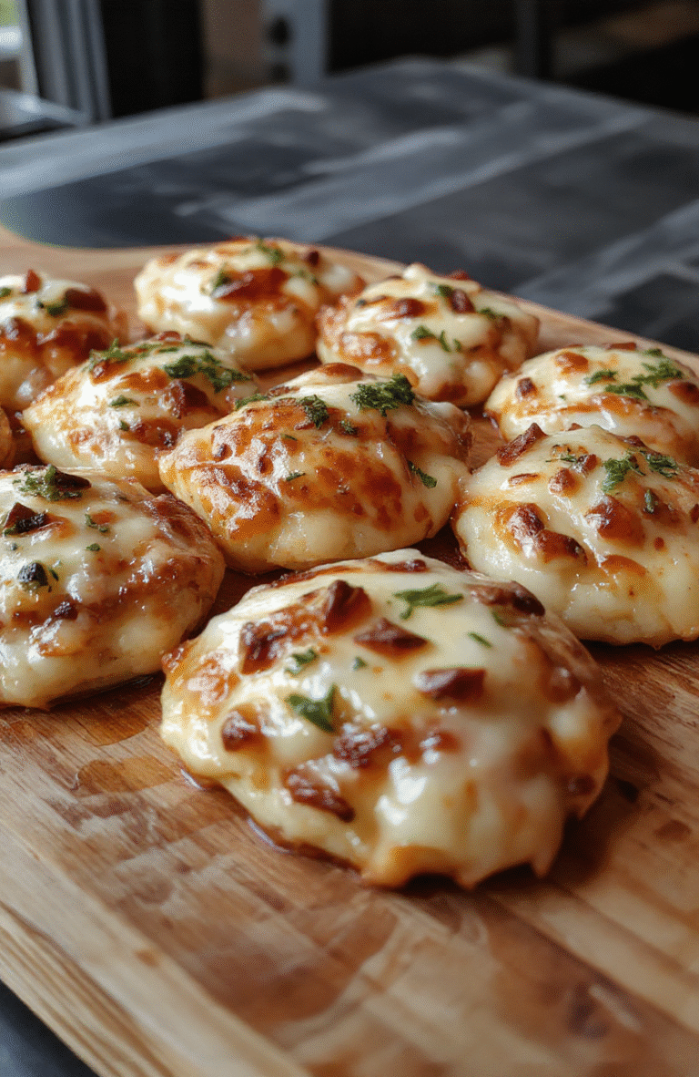 Gebogene Pizza-Bällchen auf weißem Teller, knusprig mit goldbrauner Kruste, gefüllt mit geschmolzenem Käse und Tomatensoße, serviert mit frischen Kräutern, appetitlich und ansprechend gestylt
