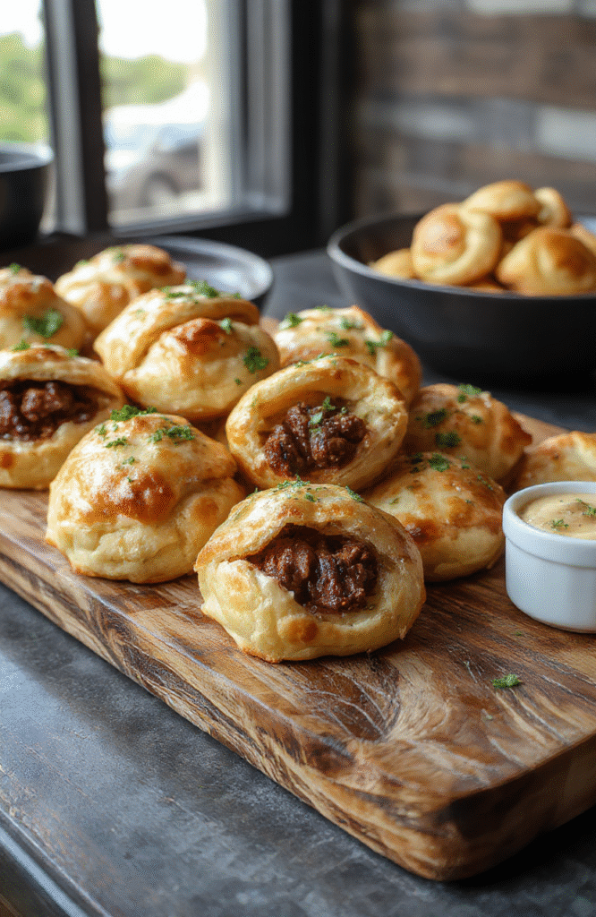 Golden-brown pastry puffs filled with tender pulled beef, garnished with fresh herbs and served on a rustic wooden platter, showcasing flaky textures and juicy beef filling, arranged for an inviting appetizer presentation with a light drizzle of sauce and colorful side garnish