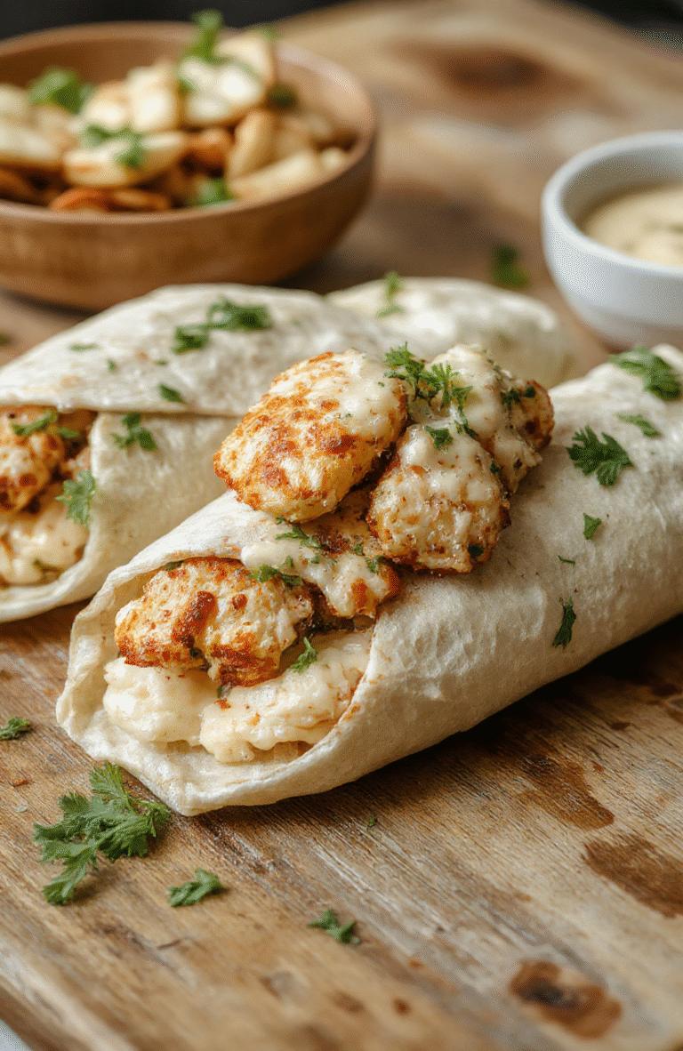 A vibrant Chicken Caesar Wrap featuring crispy romaine lettuce, grilled chicken slices, creamy Caesar dressing, and grated Parmesan cheese wrapped in a golden tortilla, served on a rustic wooden table with fresh ingredients around.