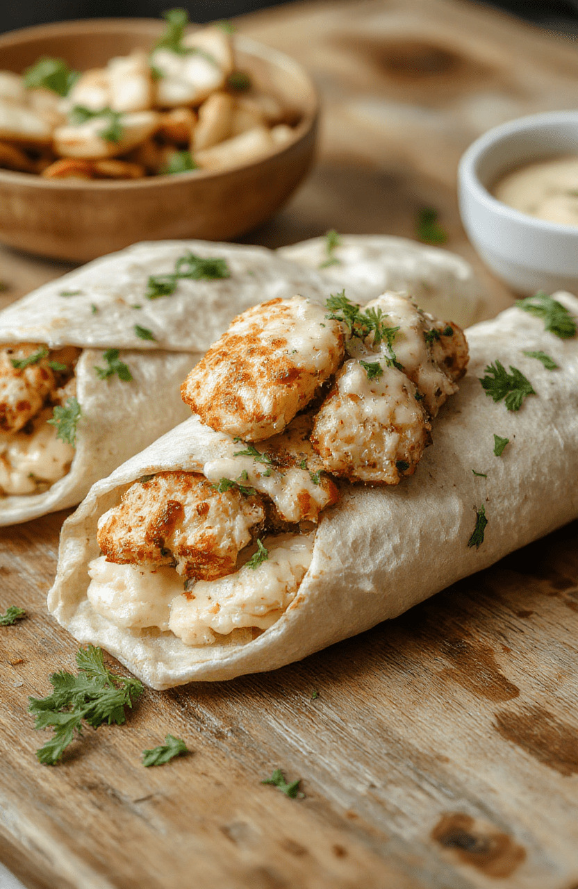 A vibrant Chicken Caesar Wrap featuring crispy romaine lettuce, grilled chicken slices, creamy Caesar dressing, and grated Parmesan cheese wrapped in a golden tortilla, served on a rustic wooden table with fresh ingredients around.