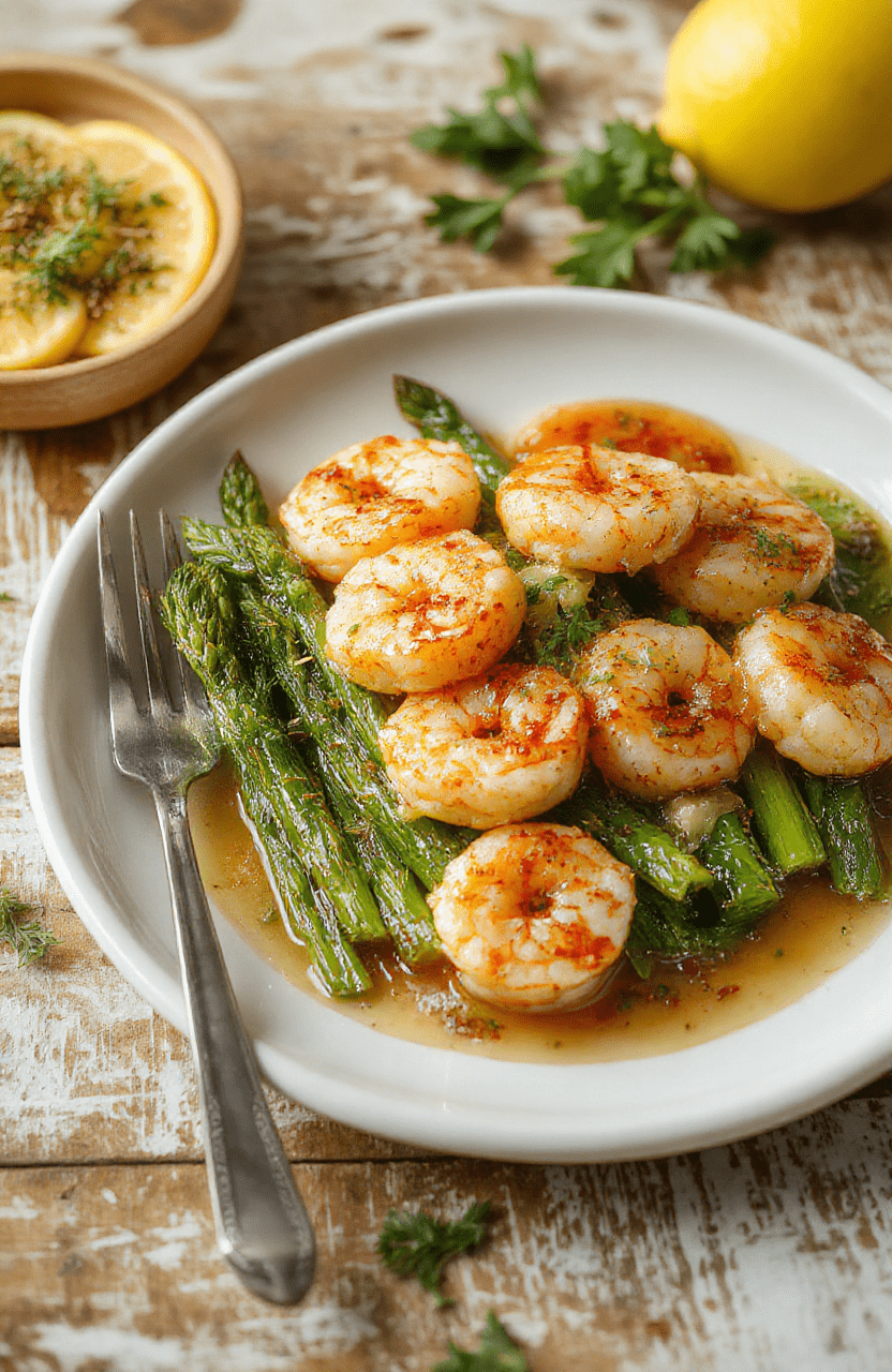 A vibrant plate featuring golden-brown shrimp coated in lemon and garlic, nestled on a bed of bright green asparagus, all presented on a rustic white plate with a clean background, emphasizing fresh ingredients and appetizing textures.