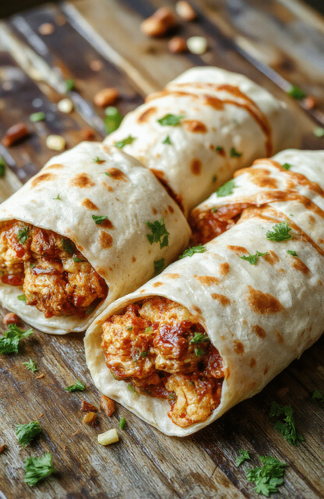 Bright and colorful plate featuring crispy chicken slices coated in glossy sweet chili sauce, wrapped in soft tortillas with fresh lettuce and sliced vegetables, arranged on a rustic wooden surface with vibrant garnishes, capturing the appetizing textures and appealing presentation.