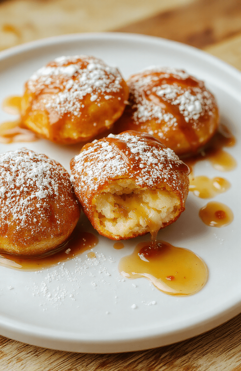 A golden-brown bunuelos shaped into small rounds on a white plate with a sprinkle of powdered sugar, surrounded by a light syrup drizzling down the sides, vibrant setting with a blurred background of a cozy kitchen.