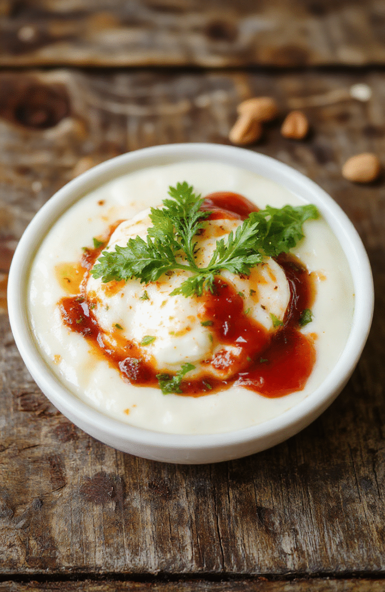 A vibrant white ceramic bowl filled with creamy Caprese dip topped with fresh basil leaves, cherry tomato halves, and drizzled with balsamic glaze. The dip has a smooth, cheesy texture with hints of red and green from the toppings. The bowl is placed on a rustic wooden table, styled simply with a few basil sprigs around, capturing a fresh and inviting appetizer scene.