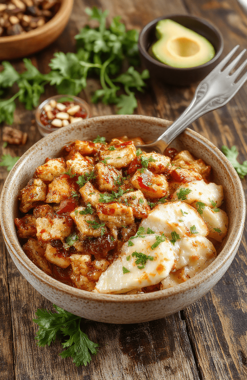 A colorful chicken fajita burrito bowl featuring grilled chicken strips, vibrant bell peppers, and onions served over cilantro rice, topped with fresh avocado slices, shredded cheese, and a drizzle of lime. Bright red and yellow peppers contrast with the green avocado, creating an appetizing and inviting presentation styled on a rustic wooden table.