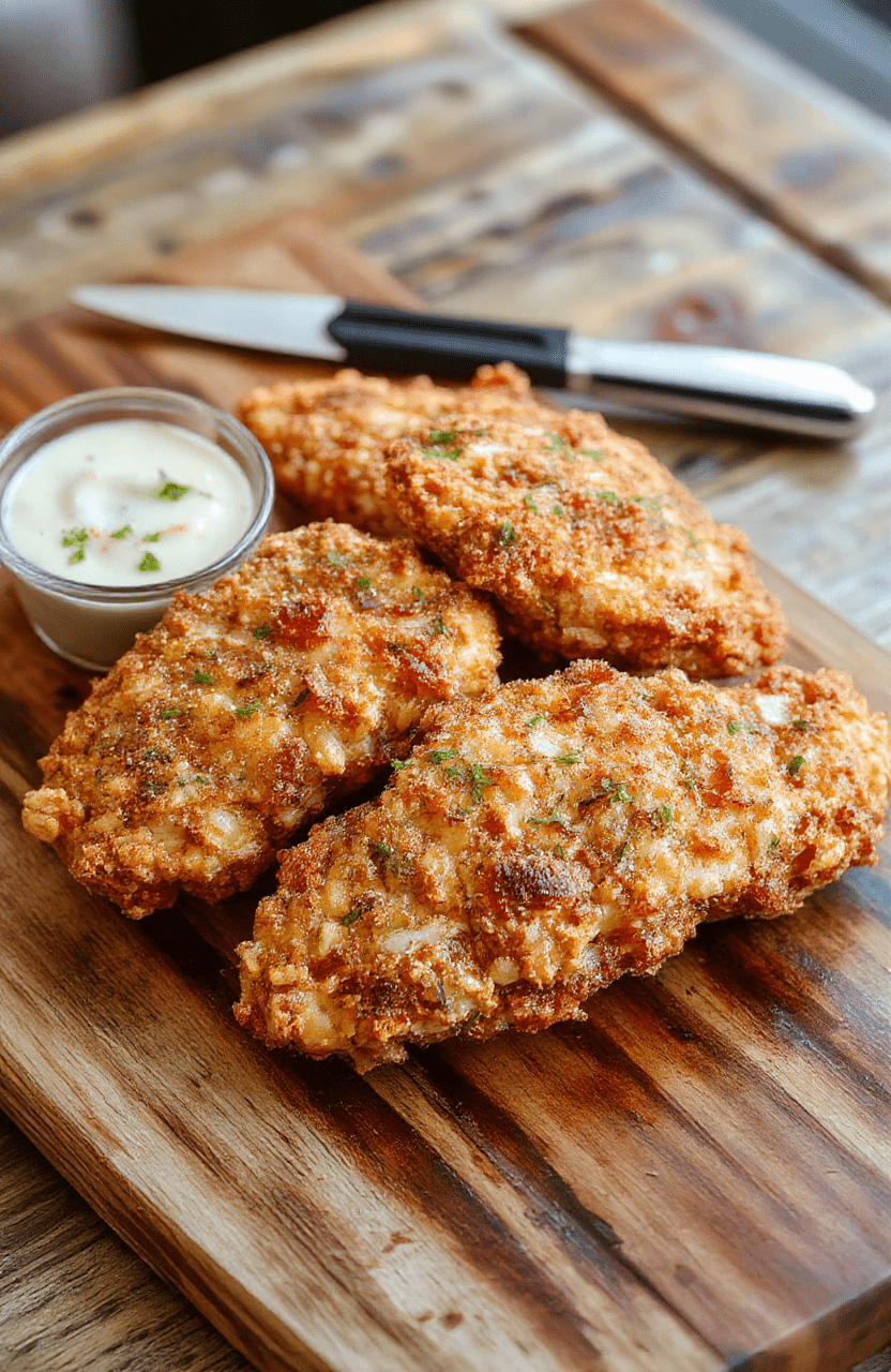 A close-up photo of crispy golden chicken tenders coated with a creamy cheesy sauce, arranged neatly on a white plate, garnished with chopped parsley, with a blurred background of a cozy kitchen setting