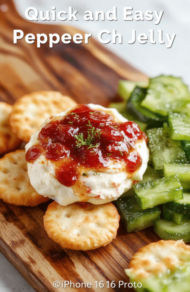 A vibrant, creamy cheese mixture topped with bright red pepper jelly, garnished with fresh herbs, served on a rustic wooden platter with crackers and colorful vegetable sticks, showcasing a smooth, glossy texture and inviting presentation, perfect for a party setting.