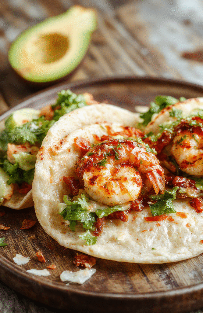 Colorful shrimp tacos plated on a rustic wooden surface, topped with fresh diced tomatoes, crisp lettuce, and drizzled with creamy sauce. The vibrant orange shrimp contrasts with the green lettuce and red salsa, all arranged neatly for an inviting presentation. The textures of the tender shrimp, crunchy toppings, and soft tortillas create an appetizing scene with natural daylight highlighting the dish's freshness.