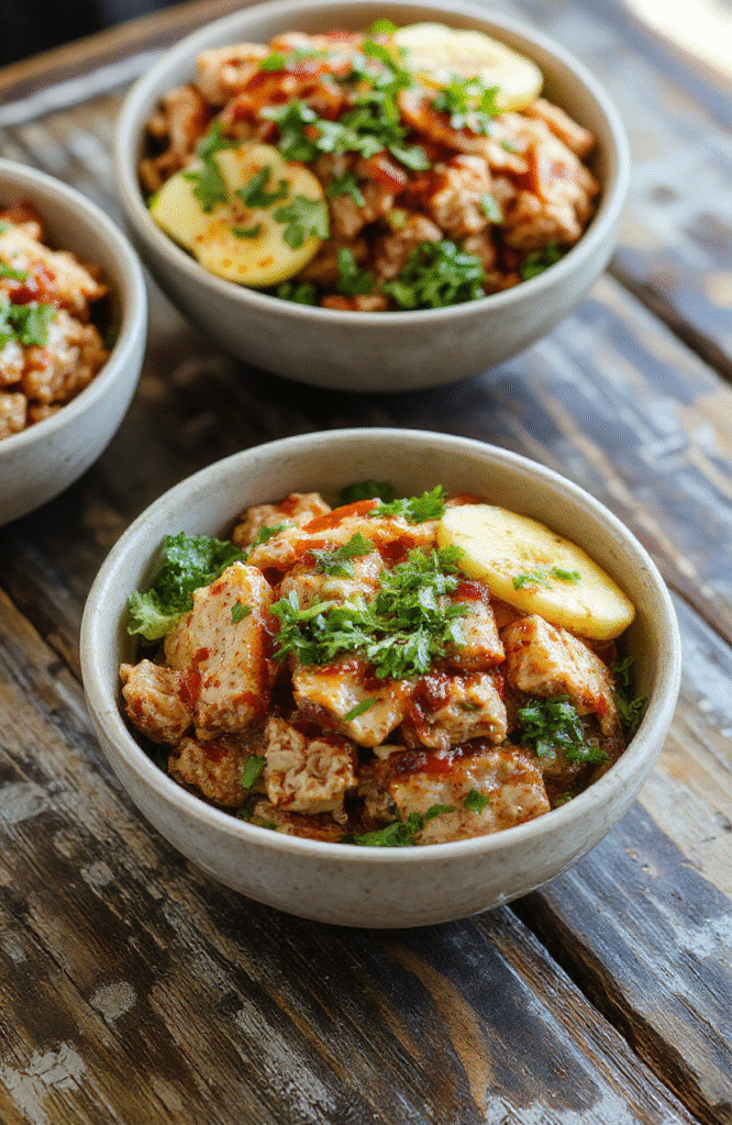 A vibrant plate of teriyaki ground turkey bowls featuring glossy turkey ground served over steamed rice, garnished with sliced green onions and sesame seeds. The dish is presented on a rustic wooden table with a drizzle of teriyaki sauce, highlighting the savory textures and colorful ingredients. The background reveals a casual home kitchen setting with natural lighting, emphasizing freshness and simplicity.