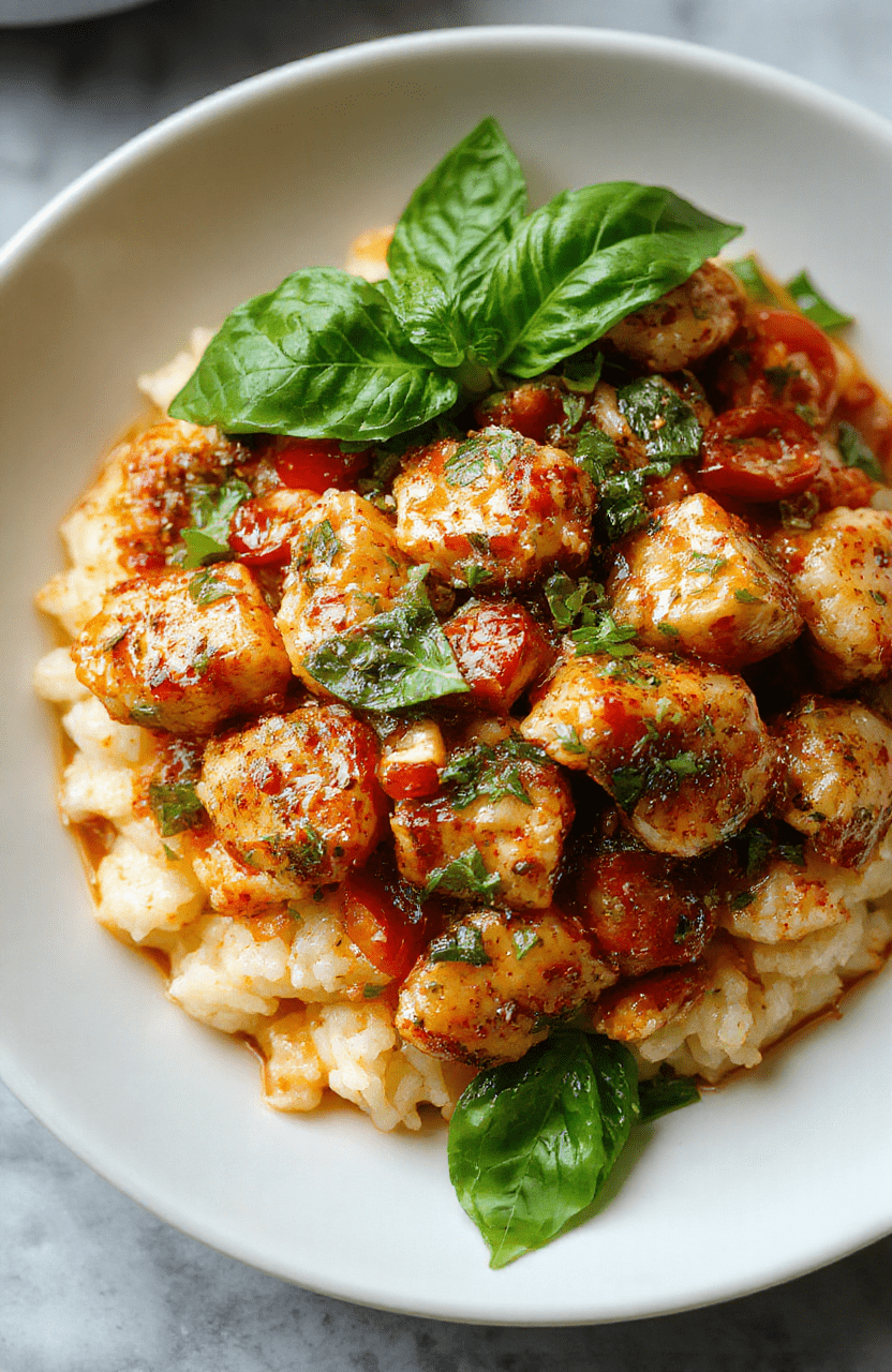 A vibrant plate of Thai basil chicken featuring juicy, stir-fried chicken strips infused with fresh basil leaves, red chili slices, and garlic, served over steamed jasmine rice. The dish is colorful with green basil, red chili, and golden chicken, styled simply on a white plate with a light wooden background.