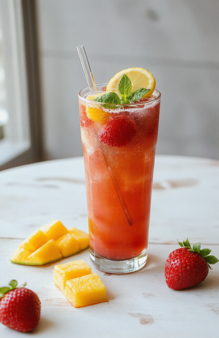 A vibrant glass filled with icy mango and strawberry lemonade, garnished with lemon slices and fresh strawberries, with condensation on the glass, set on a light wooden surface with fresh fruit around