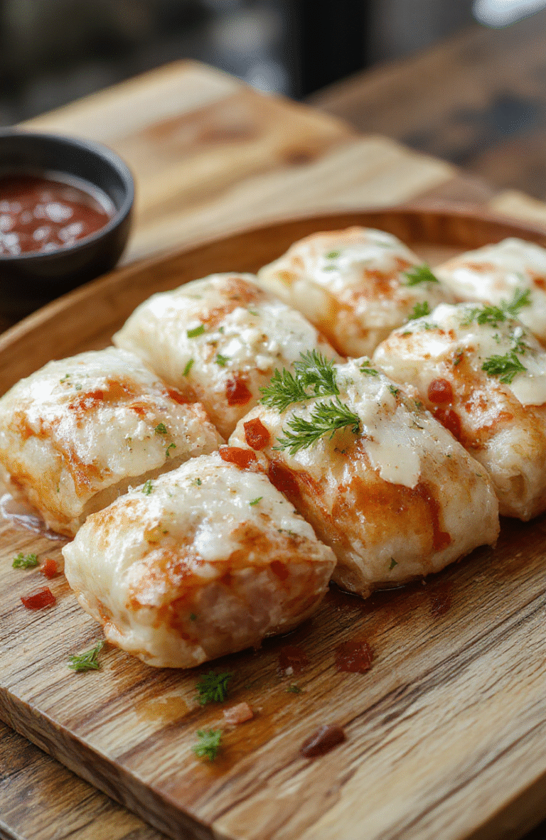 Goldbraune Blätterteig-Rollen mit cremigem Feta, rotem Chili und Honig, hübsch angerichtet auf einem hellen Holzbrett, knusprig und verführerisch