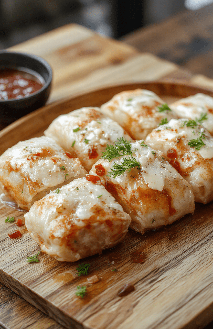 Goldbraune Blätterteig-Rollen mit cremigem Feta, rotem Chili und Honig, hübsch angerichtet auf einem hellen Holzbrett, knusprig und verführerisch