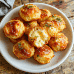 Heller Teller mit goldbraunen Käse-Puff-Snacks, die knusprig aussehen und mit Käse überzogen sind, auf einem Holztisch, im Fokus mit schönem Bokeh im Hintergrund