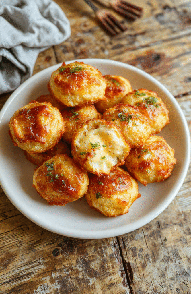 Heller Teller mit goldbraunen Käse-Puff-Snacks, die knusprig aussehen und mit Käse überzogen sind, auf einem Holztisch, im Fokus mit schönem Bokeh im Hintergrund