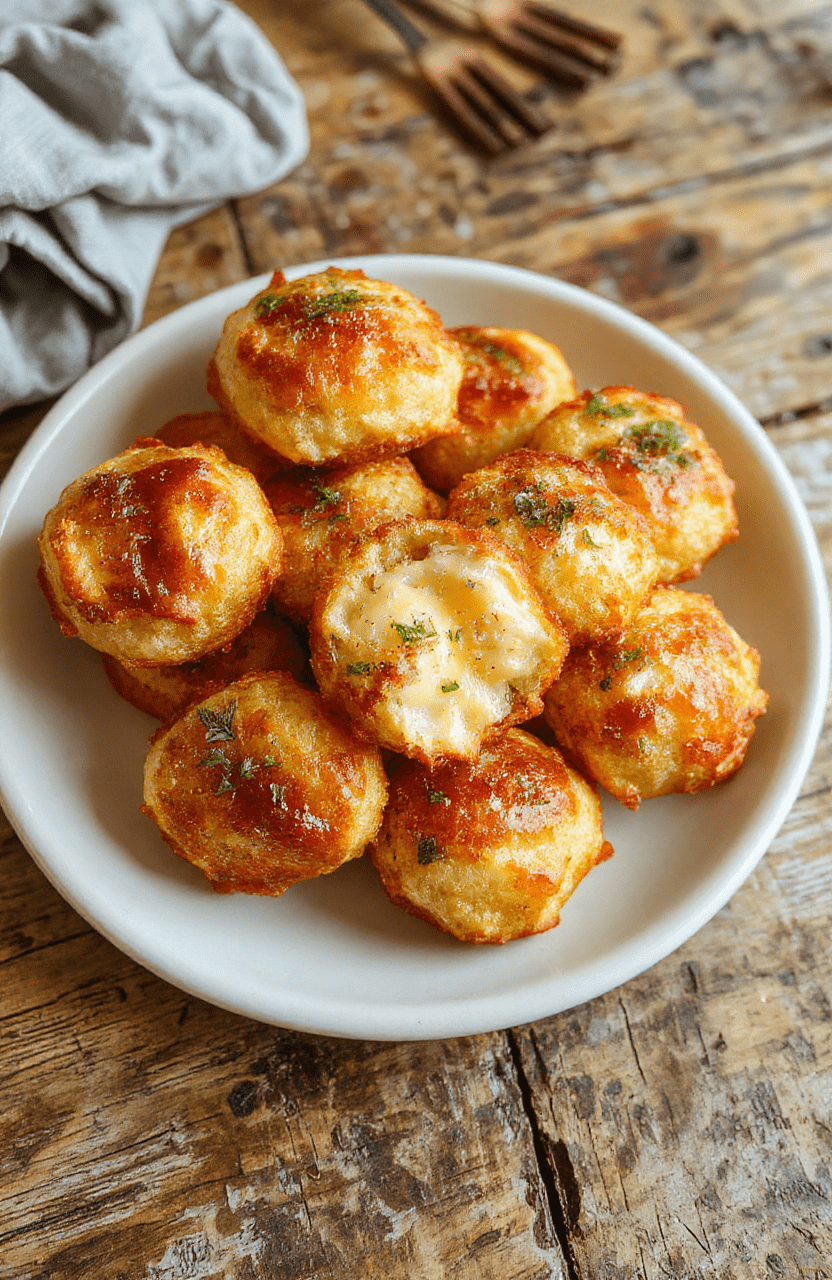 Heller Teller mit goldbraunen Käse-Puff-Snacks, die knusprig aussehen und mit Käse überzogen sind, auf einem Holztisch, im Fokus mit schönem Bokeh im Hintergrund
