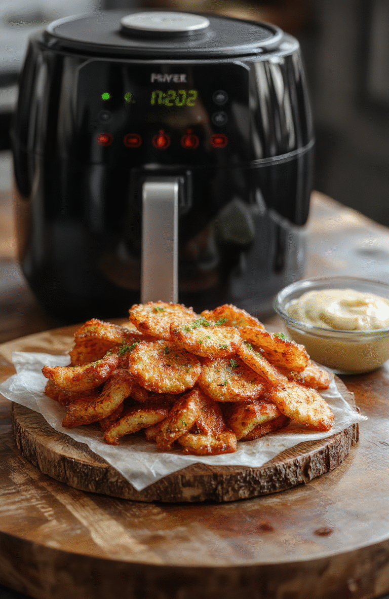 Bunte Auswahl an knusprigen und goldbraunen Air Fryer Gerichten auf einem Holztablett, mit verschiedenen Snacks und kleinen Mahlzeiten, appetitlich angerichtet