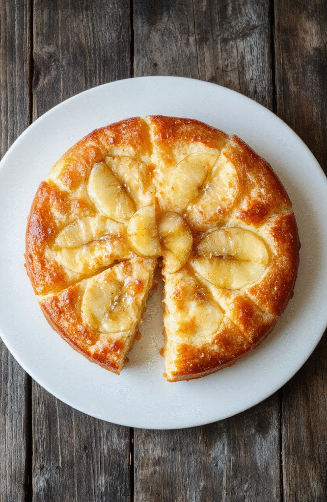 Ein goldbrauner Birnenkuchen auf einer weißen Platte, geschnitten mit frischen Birnenscheiben und Zimt bestreut, umgeben von einem rustikalen Holztisch.
