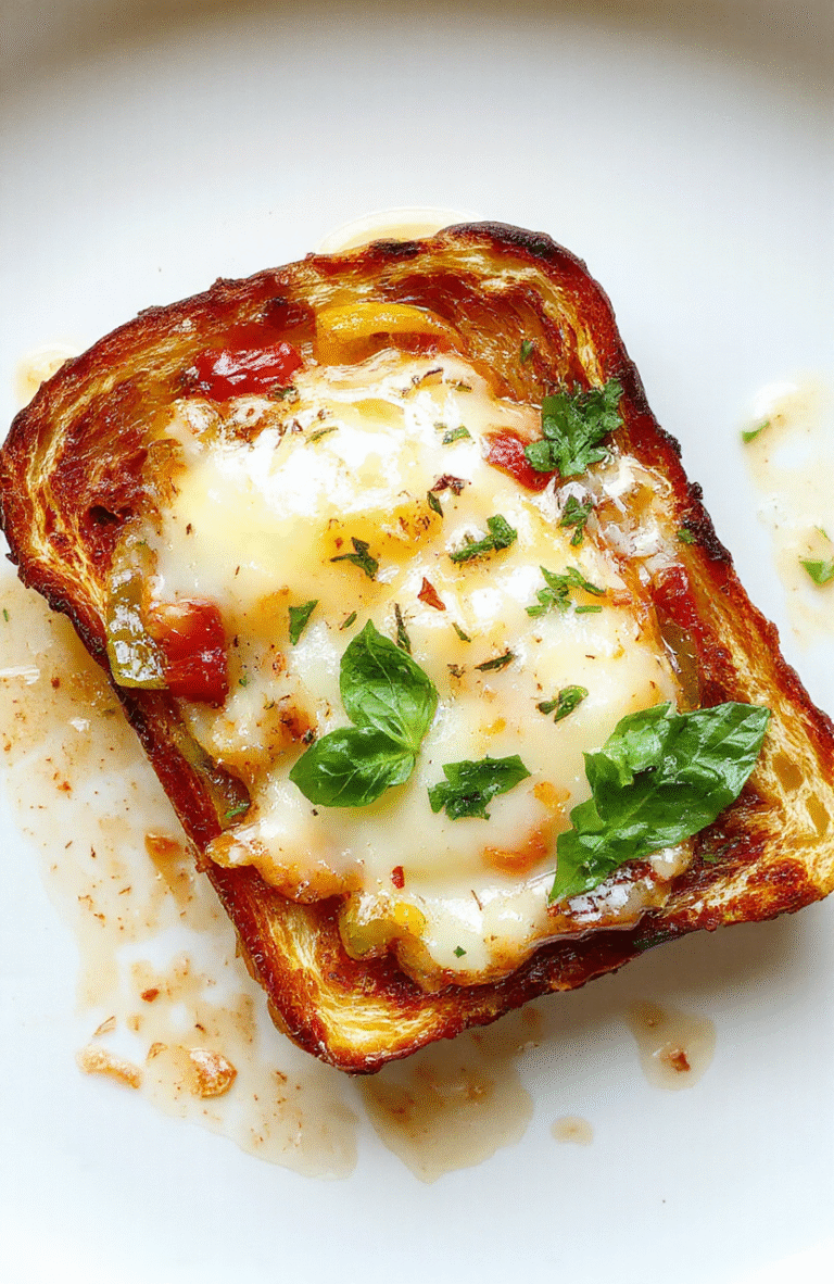 Ein knuspriger Pizzatoast mit goldbraunem Käse, bunten Paprikastreifen, saftigem Tomatensauce, serviert auf einem Holzbrett mit frisch gehacktem Basilikum.
