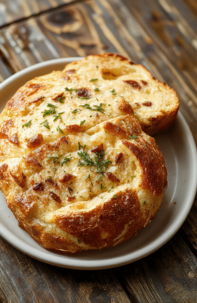 Knuspriges Airfryer Brot auf einem rustikalen Holzteller, goldbraun mit weich-tem entem Inneren, umgeben von frischen Kräutern und einer rustikalen Theke im Hintergrund