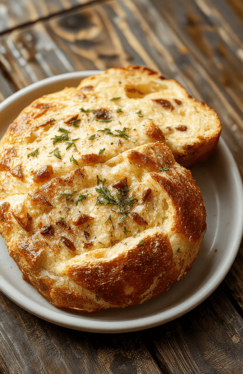 Knuspriges Airfryer Brot auf einem rustikalen Holzteller, goldbraun mit weich-tem entem Inneren, umgeben von frischen Kräutern und einer rustikalen Theke im Hintergrund