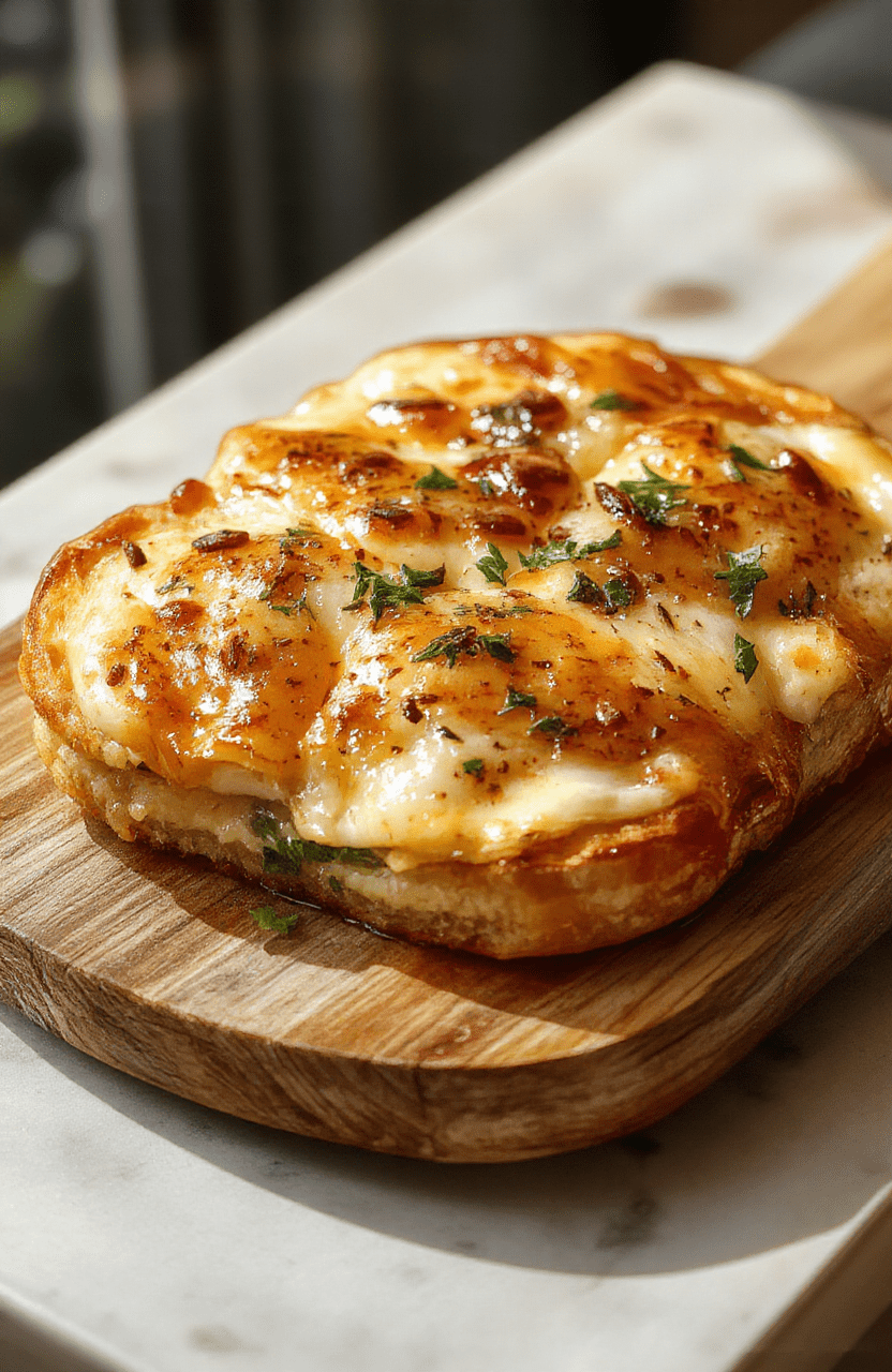 Helles, knuspriges Eier-Käse-Toast auf einem hellen Holzbrett, mit geschmolzenem Käse und frisch aufgeschnittenen Eiern, appetitlich angerichtet, natürliche Beleuchtung, vollendung im Casual-Look