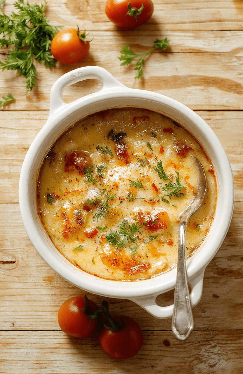 Hüttenkäse serviert in einer weißen Schüssel auf hellem Holztablett, umgeben von frischen Kräutern und Tomaten, cremige Konsistenz, appetitliche Präsentation