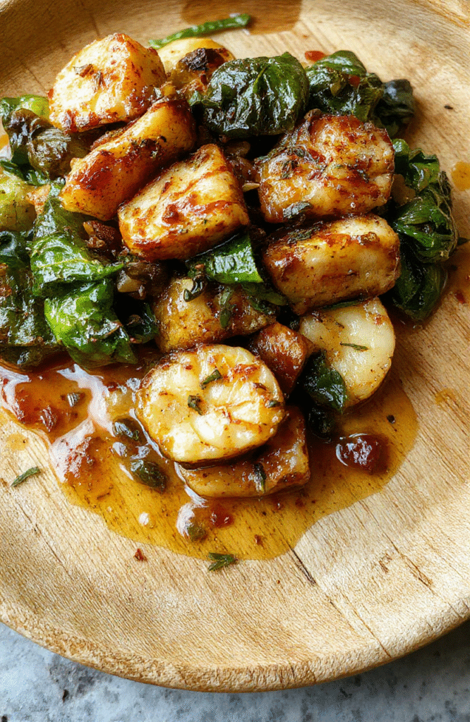 Ein frisch zubereitetes, goldenes Gericht auf einem natürlichen Holzteller, mit knackigem Gemüse und einer aromatischen Soße, appetitlich angerichtet