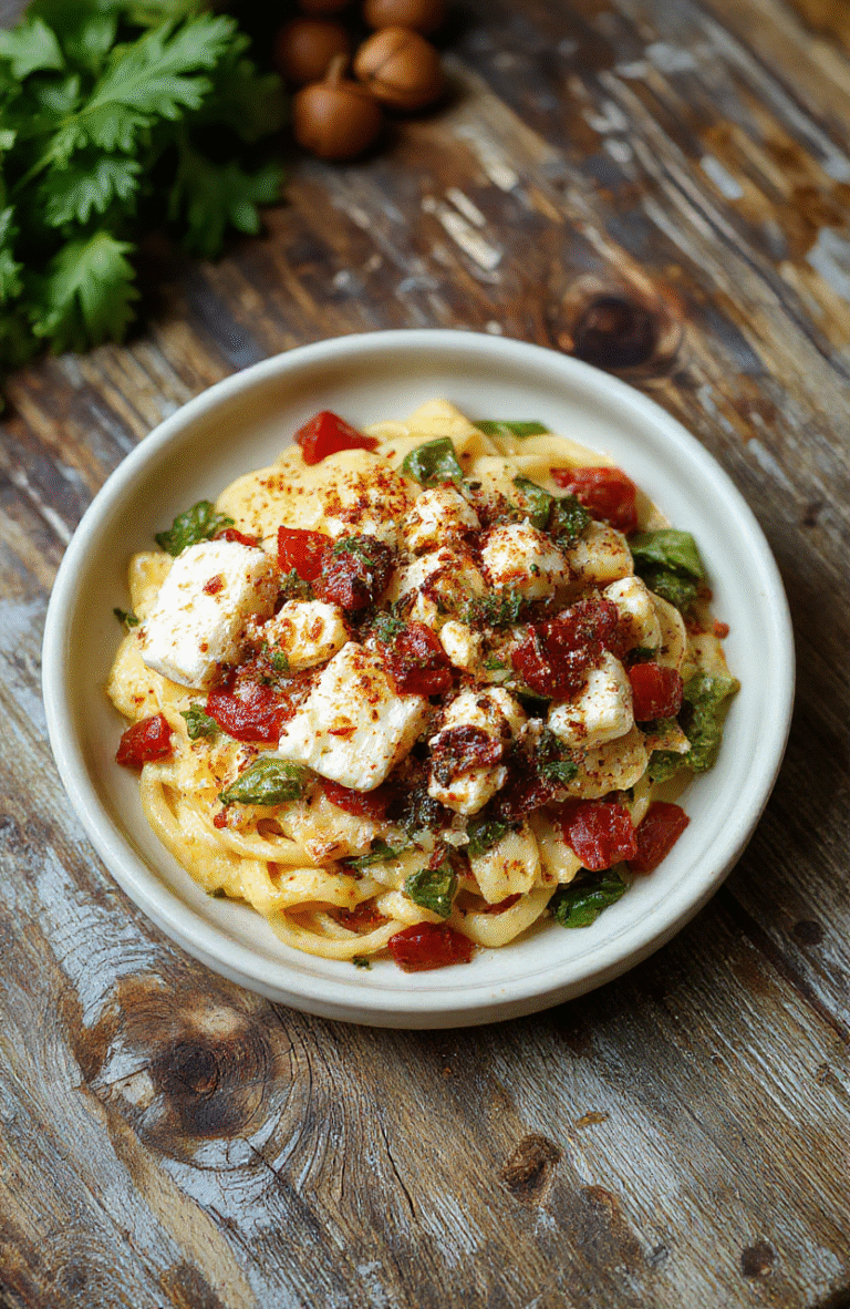 Colorful baked feta and vegetable pasta served on a white plate, garnished with fresh basil, with vibrant red cherry tomatoes, green zucchini, and golden baked feta cheese on top, styled simply on a rustic wooden table with natural daylight highlighting the textures and colors.
