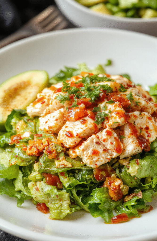 Colorful Southwest chicken salad arranged on a white plate with vibrant red, green, and yellow ingredients. Juicy grilled chicken strips topped with chopped cilantro, diced tomatoes, corn, black beans, and shredded cheese, all drizzled with tangy dressing. The salad has a fresh, appetizing appearance with a variety of textures from crispy toppings and tender chicken, styled in a casual setting for a mouthwatering visual.