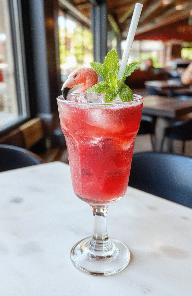 A vibrant pink drink in a clear glass with ice, garnished with a slice of lime and fresh mint, served on a light wooden table with a summer vibe, showcasing a colorful and refreshing beverage with a smooth texture and citrusy accents.